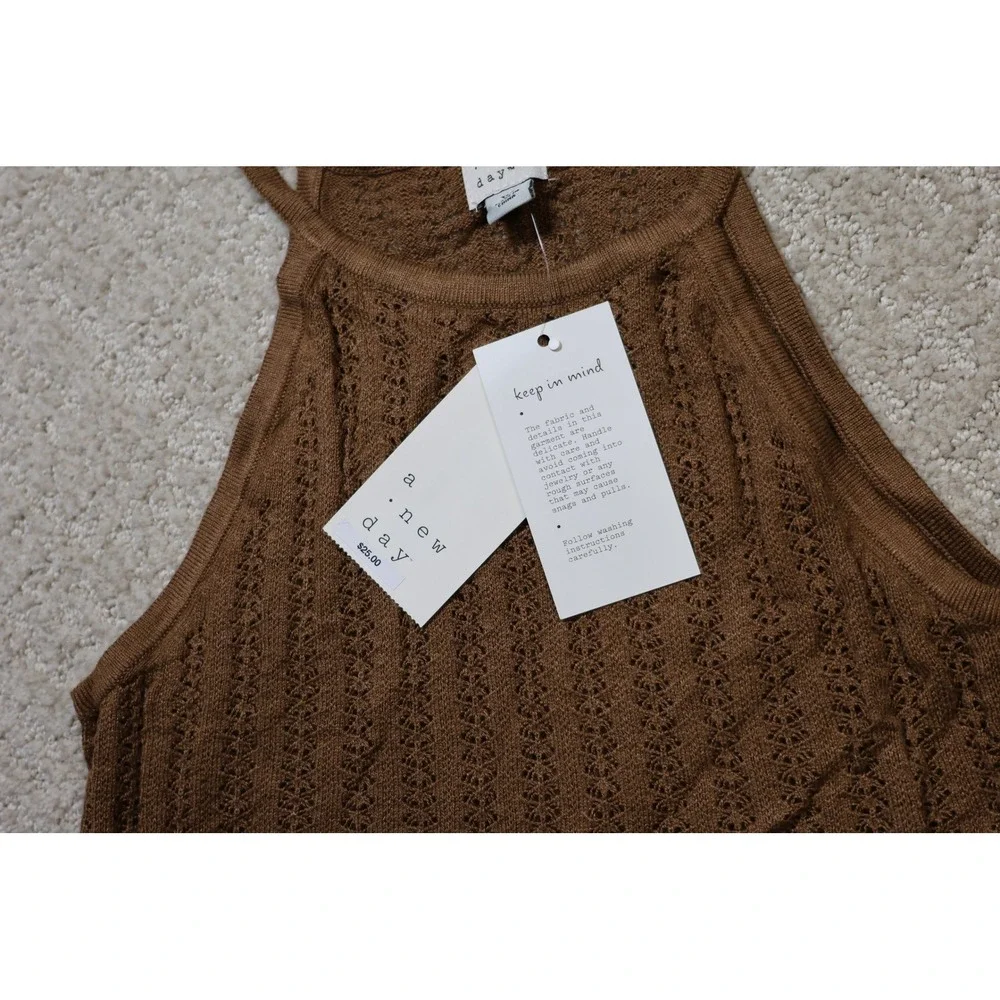 A New Day Brown Crochet High Neck Tank Top XS Pointelle Knit Camisole